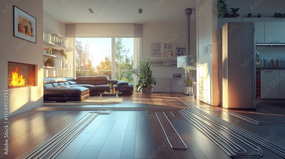 Poster a professional layout of hydronic heating pipes on a building floor, displaying an advanced underflo