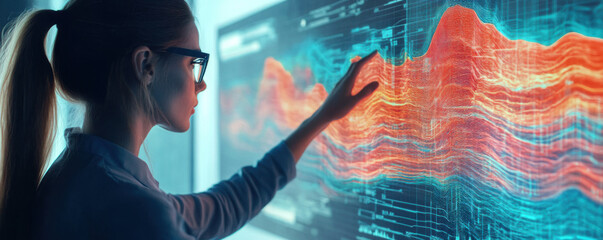 researcher analyzing seismic patterns on digital display, showcasing vibrant data visualizations. scene conveys sense of innovation and technology