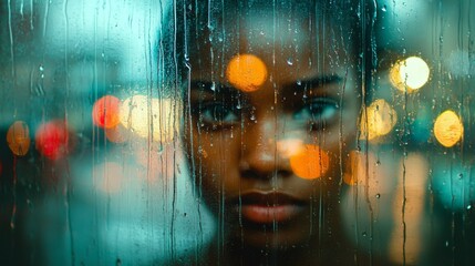 Persons face in old window with rain streaks and lights AR 169 quality 2 stylize 200 V 61