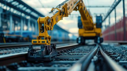 robotic arm working on railway tracks, showcasing advanced technology in railway systems. scene captures precision and innovation in railway engineering