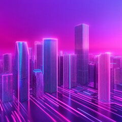 Obraz premium Neon cityscape at sunset, glowing skyscrapers and vibrant light trails.