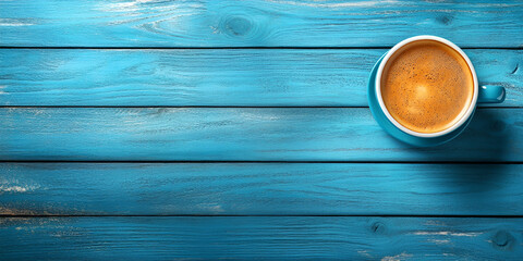 Hot Coffee in Cup with Beans on Blue Wooden Background