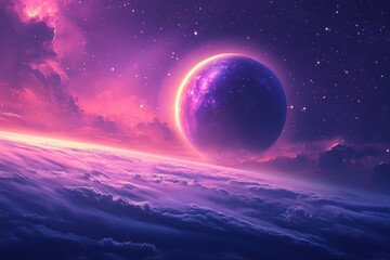 A large, purple planet with a ring system is seen in the distance against a backdrop of a pink, starry night sky. The planet is partially obscured by a layer of clouds.