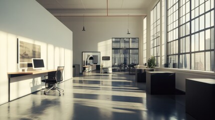 Fototapeta premium Modern urban company office indoor building interior with workstation and empty white wall