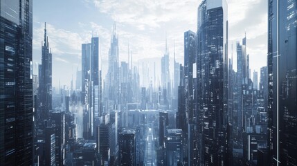 Fototapeta premium An advanced AI research facility, bustling cityscape backdrop with futuristic skyscrapers, Cyberpunk style