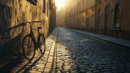 Lone bicycle on empty street in golden hour