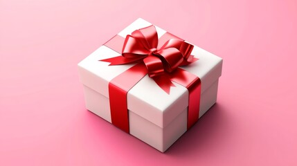 Fototapeta premium Festive new year background featuring a white 3d gift box with a vibrant red ribbon and bow, set against a soft pink backdrop, perfect for holiday celebrations, seasonal greeting designs, and festive 