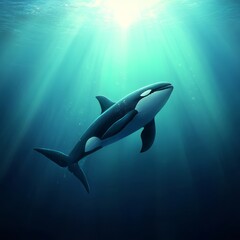 Orca whale swimming in sunlit ocean depths.