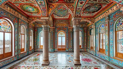 Obraz premium The image features an intricately designed interior of a room, characterized by its vibrant colors and elaborate patterns. The walls are adorned with floral motifs and intricate carvings, showcasing a