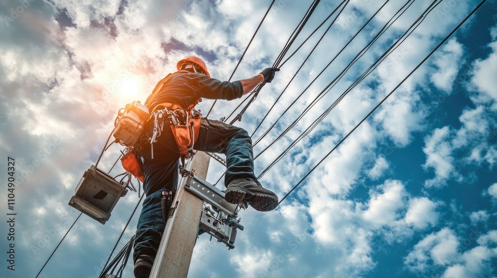 Poster an electrician working at a dangerous height on a utility pole, repairing electrical power lines und