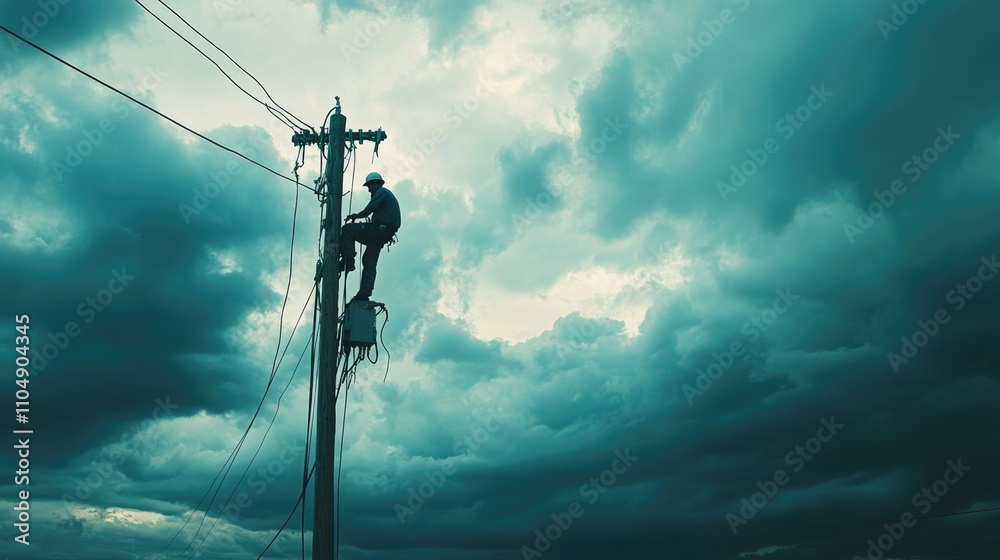 Aufkleber an electrician working at a dangerous height on a utility pole, repairing electrical power lines und