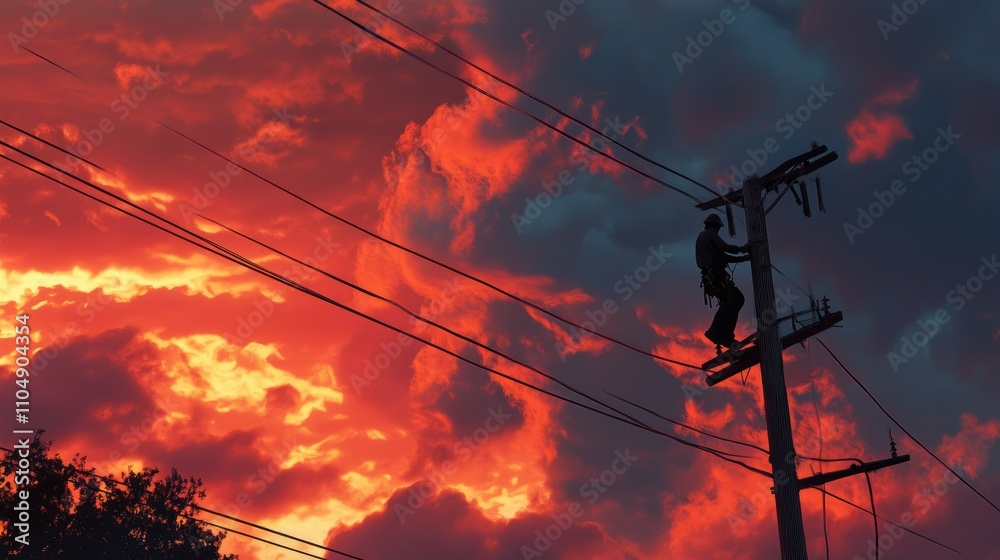 Poster an electrician working on power lines high on a utility pole against a dramatic sky. dangerous work 