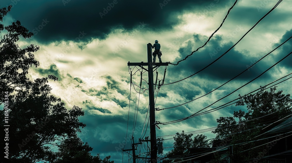 Poster an electrician working on power lines high on a utility pole against a dramatic sky. dangerous work 