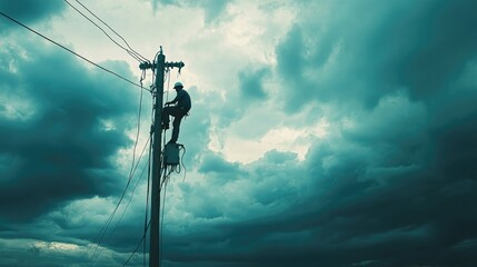 An electrician working at a dangerous height on a utility pole, repairing electrical power lines under a cloudy sky. Risky profession, high-altitude work.