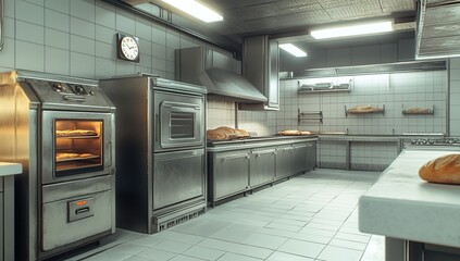 A Retro-Styled Industrial Bakery Kitchen Interior: Stainless Steel Appliances, Freshly Baked Bread, and a Vintage Clock