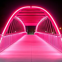 Obraz premium Pink illuminated pedestrian bridge at night.