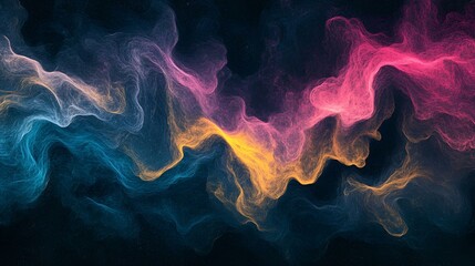 Fototapeta premium Grainy gradient background with blue, pink, and yellow glowing color waves, set against a dark black backdrop, creating an abstract, textured atmosphere
