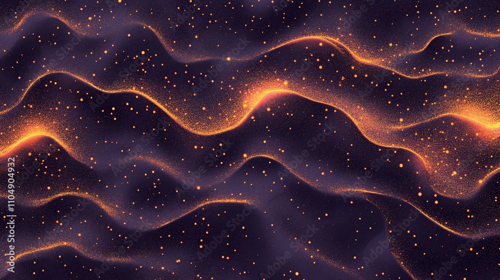 Poster grainy noise texture with glowing orange and yellow abstract gradient shapes on a dark purple backdr