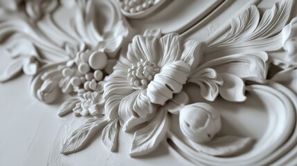 Close-up of a decorative plaster boho panel with intricate floral relief and abstract art deco flourishes for a vintage wall