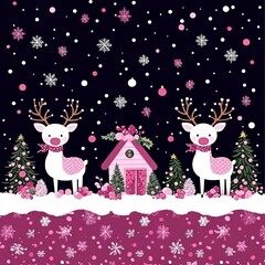 Naklejka premium Pink reindeer, snow, house, Christmas scene.