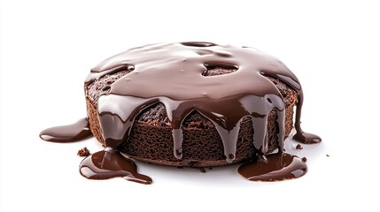 Close-up of a delicious round chocolate cake isolated on a white background, with creamy chocolate frosting and liquid chocolate drips a tempting dessert shot