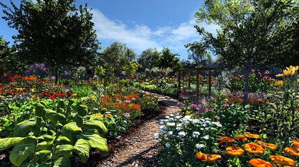 Naklejka premium A vibrant garden scene filled with a diverse array of flowers blooming in various colors. The foreground features large green leaves and clusters of flowers in bright yellows, oranges, and whites. A w