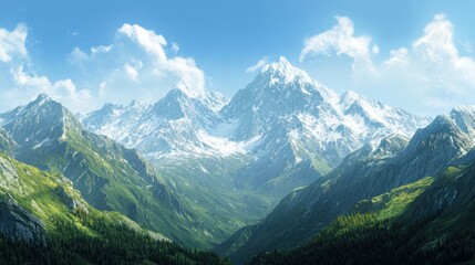 Fototapeta premium Majestic snow-capped mountains with lush green valleys under a bright blue sky.