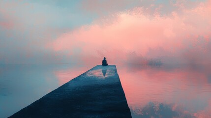 Solitary figure on pier at twilight reflection in water