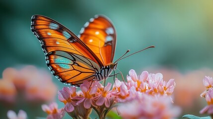 Obraz premium A vibrant orange butterfly with blue spots rests on pink flowers with a blurred green background.