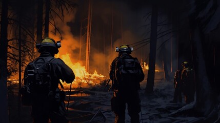Naklejka premium Rescue team members utilizing advanced thermal imaging to quickly locate and identify trapped victims during a hazardous emergency response situation