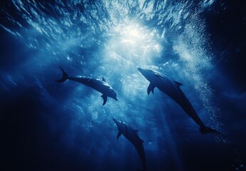 Underwater Serenity: Graceful Dolphins Swimming in Tranquil Blue Waters Illuminated by Ethereal Sunlight Filtering Through the Ocean Surface