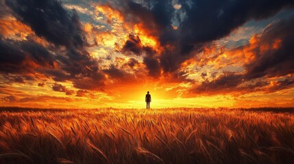 Fototapeta premium Lonely figure in grass field under dramatic sunset sky photograph
