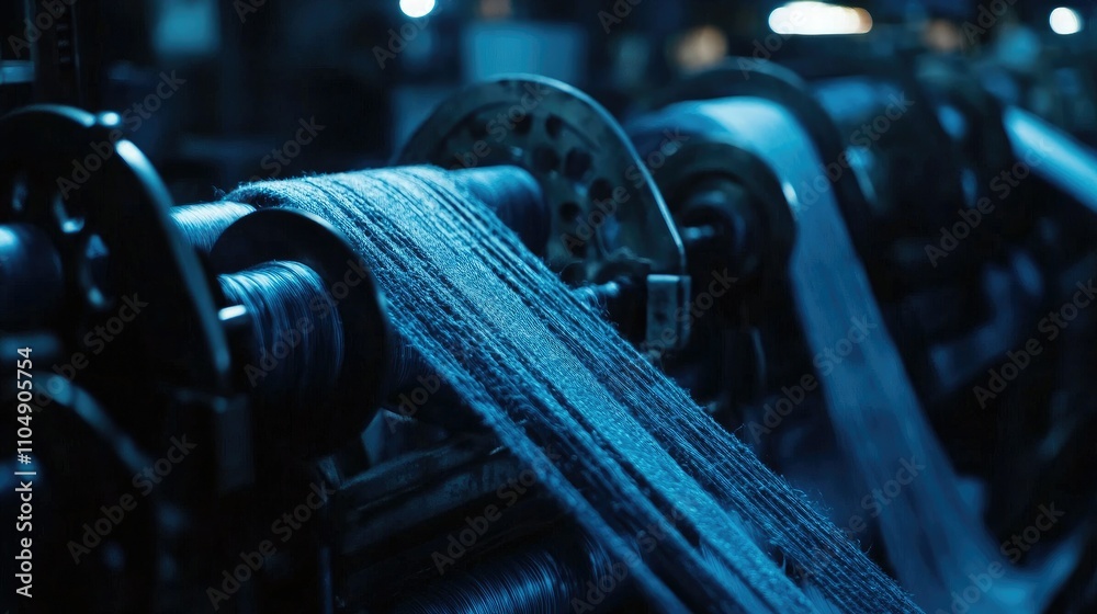 Poster close-up of denim textile machinery in action, with fabric rolls and weaving process for making jean