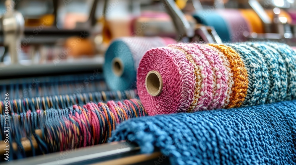 Poster close-up of denim textile machinery in action, with fabric rolls and weaving process for making jean