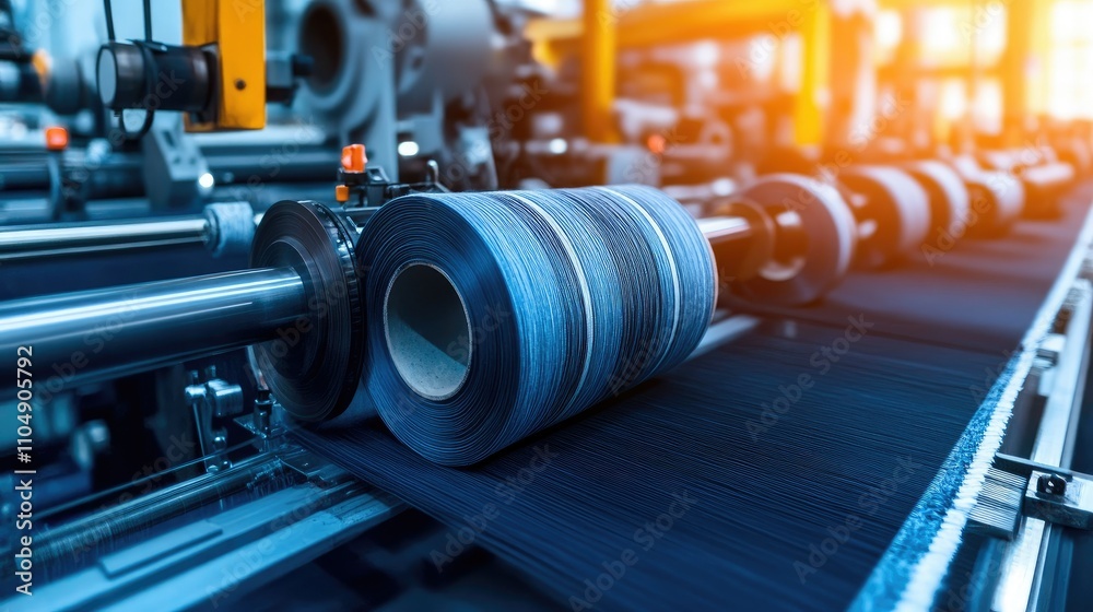 Poster close-up of denim textile machinery in action, with fabric rolls and weaving process for making jean