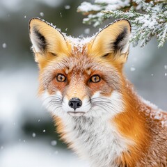 Obraz premium Red fox portrait in snowy winter scene.