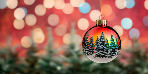 Fototapeta premium beautiful Christmas ornament featuring snowy trees, festive colors, and bokeh lights