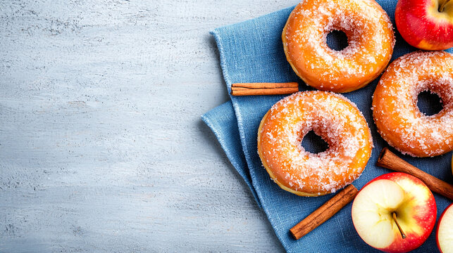 Delicious donuts with apples and cinnamon sticks.