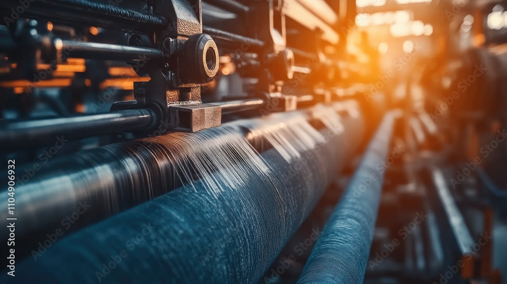 Poster close-up of textile machinery working with denim fabric rolls, showcasing the process of weaving and