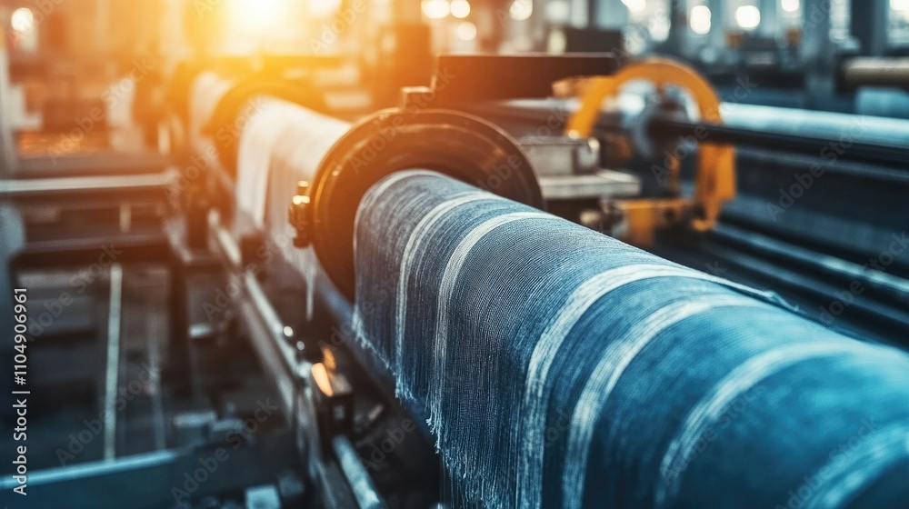 Poster close-up of textile machinery working with denim fabric rolls, showcasing the process of weaving and
