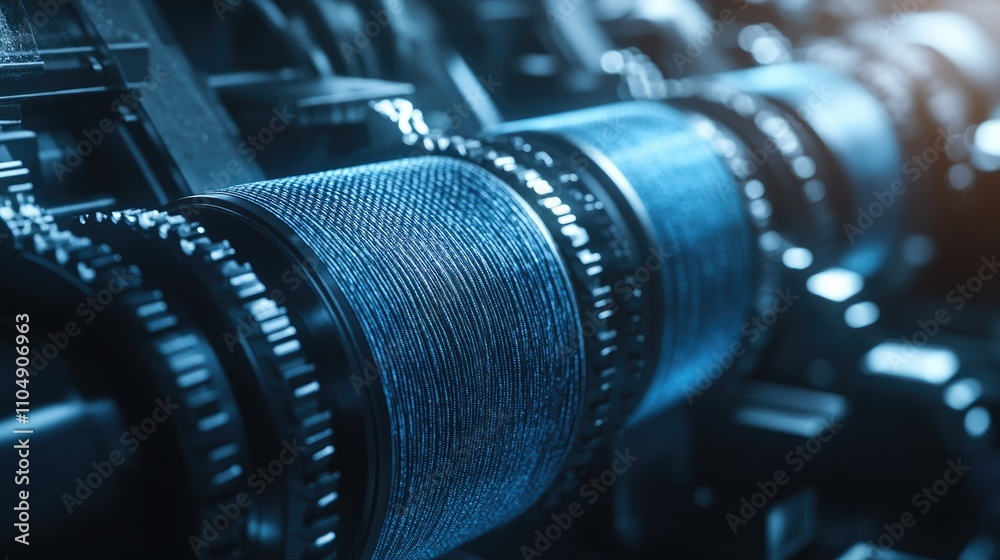 Aufkleber close-up of textile machinery working with denim fabric rolls, showcasing the process of weaving and