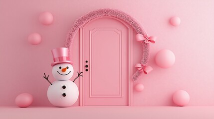 Pink Christmas scene with snowman and door.