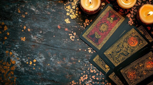 Close-up of tarot cards laid out on a fortune teller mystical table, with candlelight, representing destiny and prediction.