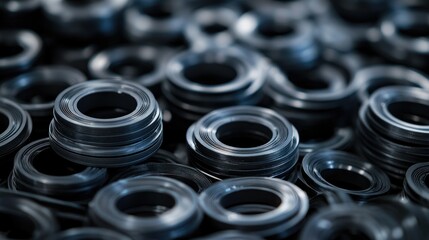 Close-up view of high-quality black rubber gaskets, essential components for automotive repairs, neatly arranged in an auto parts store.
