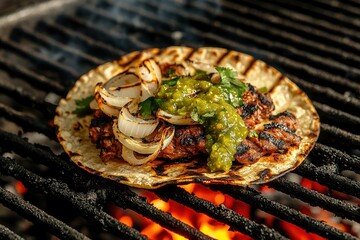 Grilling succulent steak tacos with fresh onions and salsa backyard food warm atmosphere culinary delight