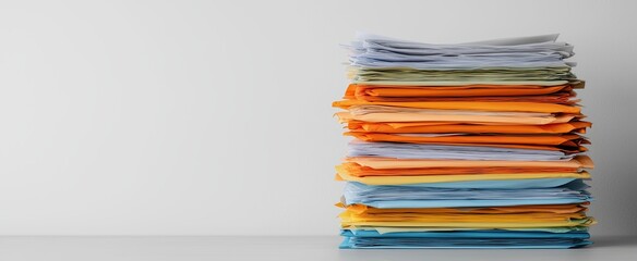 Stack of Colorful Folders and Papers, A large stack of colorful folders and documents on a white surface with a plain background, symbolizing organization and paperwork.

