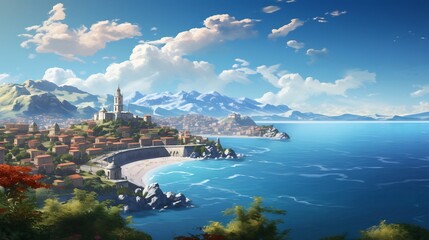 Breathtaking panoramic view of a scenic coastal destination with majestic mountains in the background and a serene sunny beach in the foreground