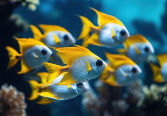 Fototapeta premium Vibrant School of Tropical Fish Swimming Gracefully Through Crystal Clear Ocean Waters, Showcasing Bright Yellow Fins and Lively Underwater Ecosystem