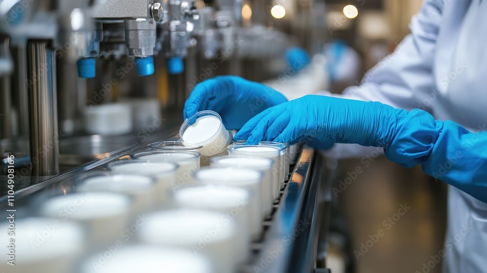 Poster Hands of a food scientist in blue gloves testing milk samples in a laboratory, part of the dairy factory rigorous quality control process for consistency.