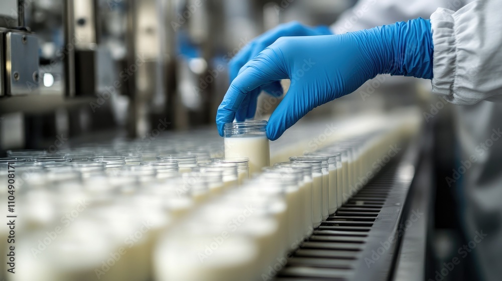Poster Hands of a food scientist in blue gloves testing milk samples in a laboratory, part of the dairy factory rigorous quality control process for consistency.